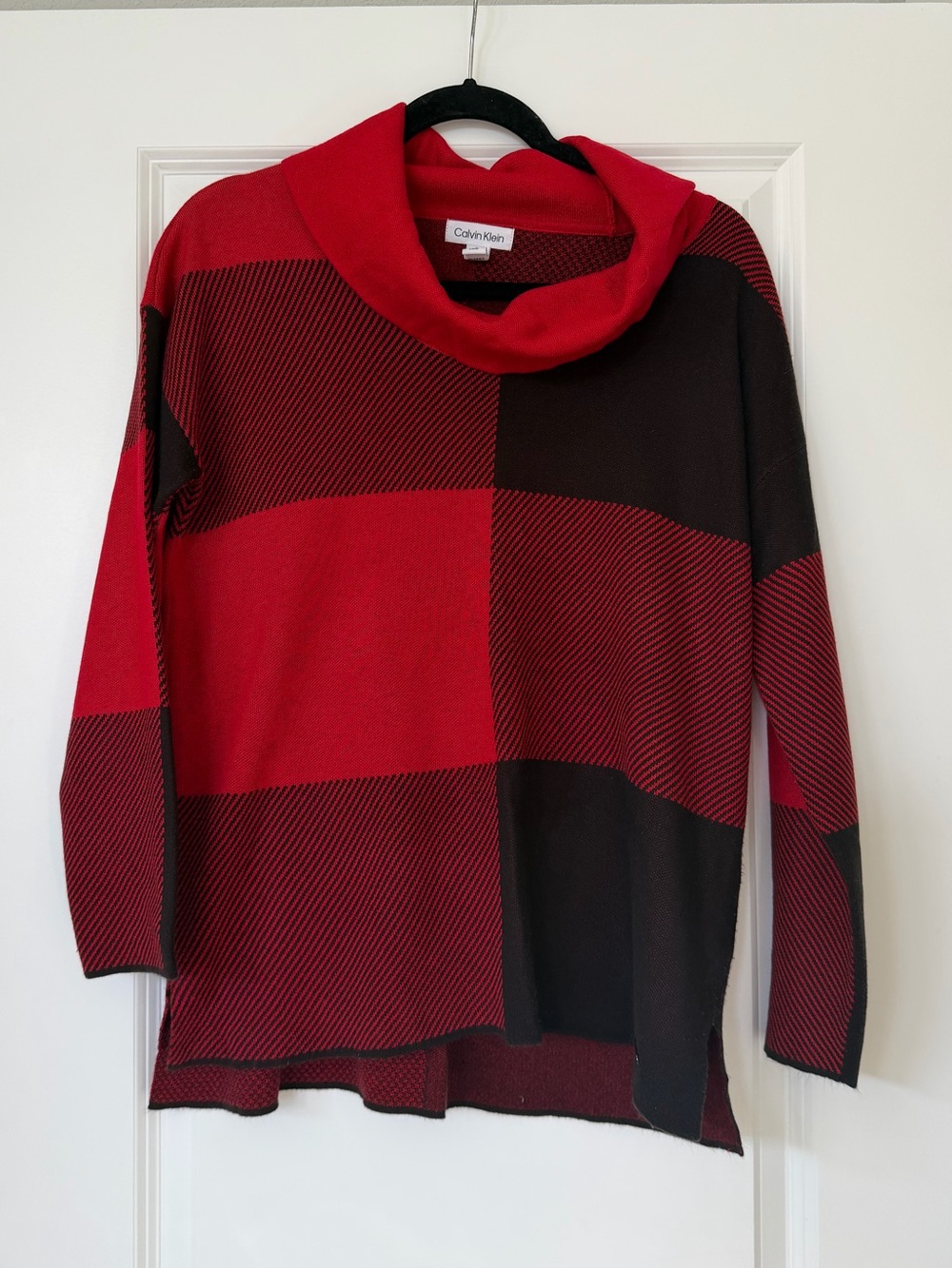 Calvin Klein Red and Black Block Cowl Neck Sweater